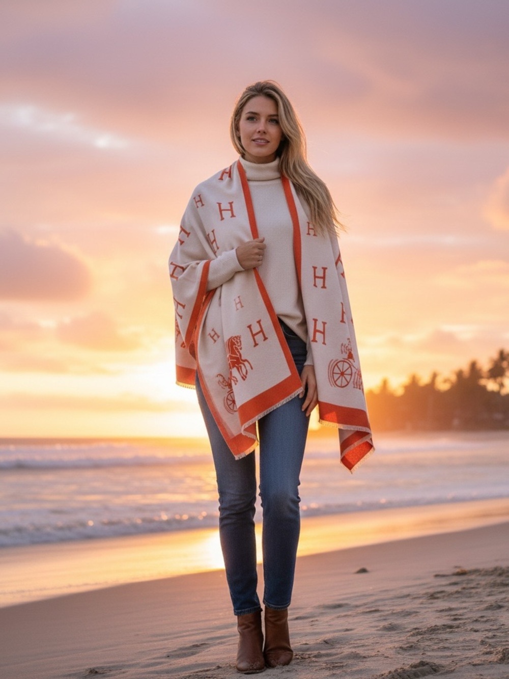 Luxury Orange Cream Equestrian Double Sided Shawl Wrap Scarf